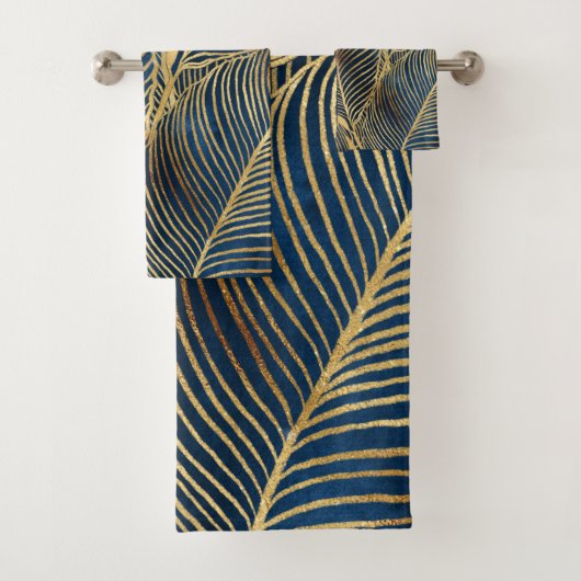 Elegantes Blue Gold Leaf Design Badhandtuch Set (Insitu)