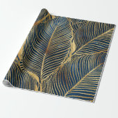 Elegantes Blue Gold Leaf Design Geschenkpapier (Ungerollt)