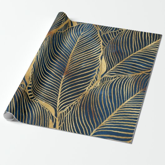 Elegantes Blue Gold Leaf Design Geschenkpapier (Ungerollt)