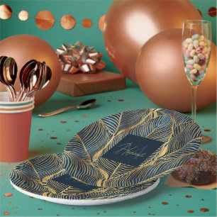 Elegantes Blue Gold Leaf Design Pappteller
