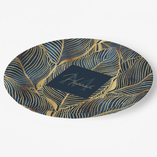 Elegantes Blue Gold Leaf Design Pappteller (Schrägansicht)