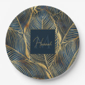 Elegantes Blue Gold Leaf Design Pappteller (Vorderseite)