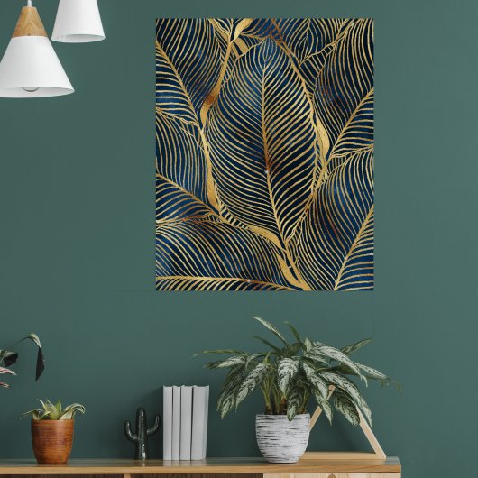 Elegantes Blue Gold Leaf Design Poster (Wohnzimmer 1)