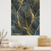 Elegantes Blue Gold Leaf Design Poster (Küche)