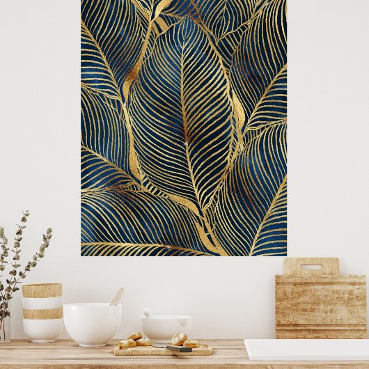 Elegantes Blue Gold Leaf Design Poster (Küche)