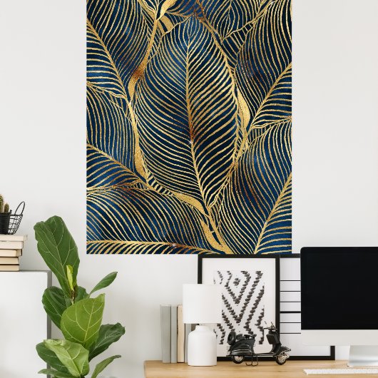 Elegantes Blue Gold Leaf Design Poster (Heimbüro)