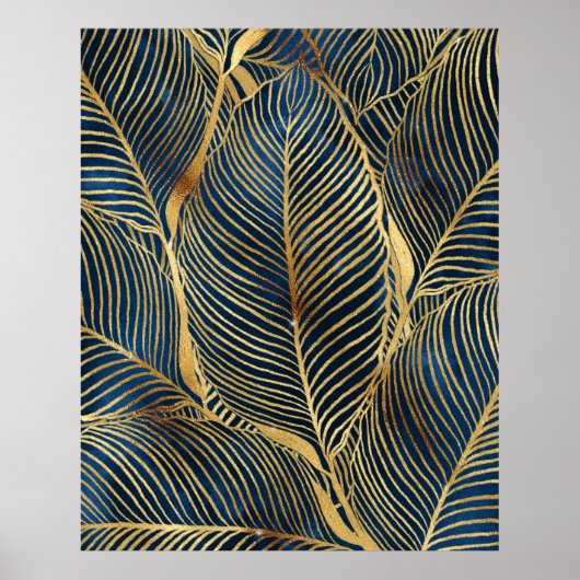 Elegantes Blue Gold Leaf Design Poster (Vorne)