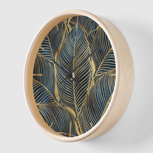 Elegantes Blue Gold Leaf Design Uhr (Winkel)