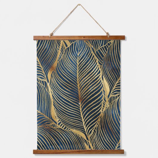 Elegantes Blue Gold Leaf Design Wandteppich Mit Holzrahmen (Vorderseite)