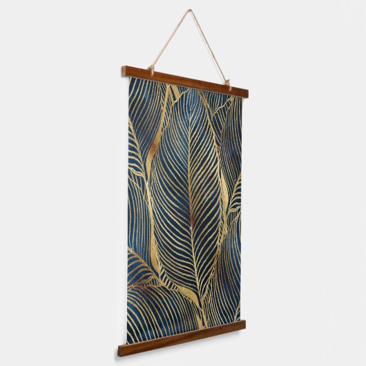 Elegantes Blue Gold Leaf Design Wandteppich Mit Holzrahmen (Gewinkelt)