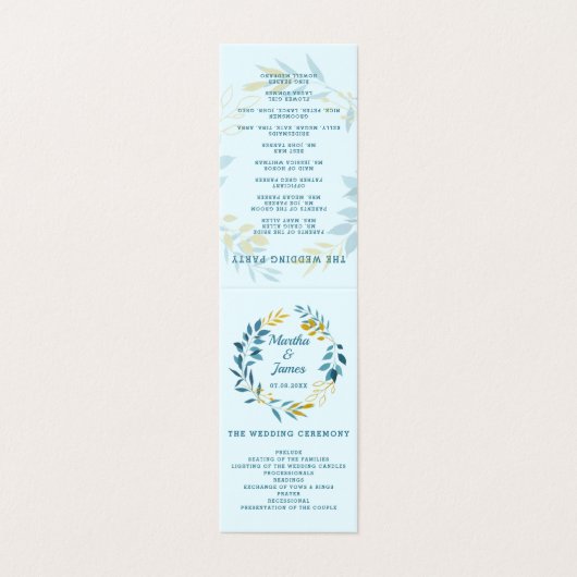 Elegantes Blue Gold Leaf Hochzeitsprogramm (Außenseite Aufgefaltet)