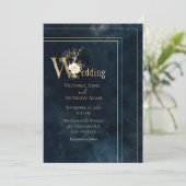 Elegantes Blue Gold Moderne Hochzeitseinladung Einladung (Stehend Vorderseite)