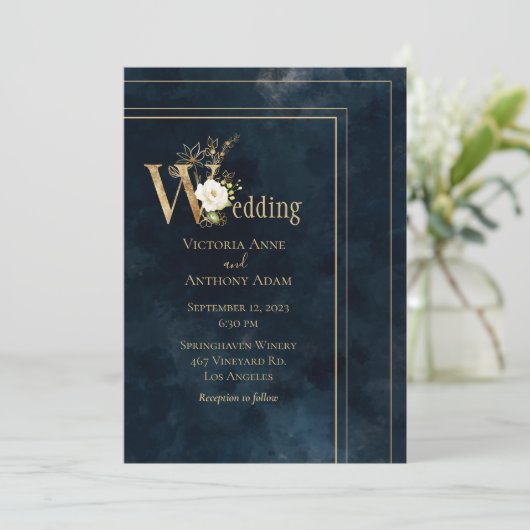 Elegantes Blue Gold Moderne Hochzeitseinladung Einladung (Stehend Vorderseite)