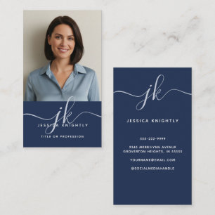 Elegantes Blue Gold Monogram Script Initials Foto Visitenkarte