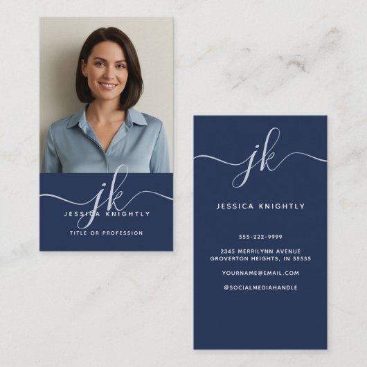 Elegantes Blue Gold Monogram Script Initials Foto Visitenkarte (Vorne/Hinten)