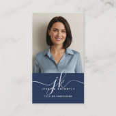 Elegantes Blue Gold Monogram Script Initials Foto Visitenkarte (Vorderseite)