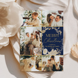 Elegantes Blue Gold Script Multi Foto Weihnachten