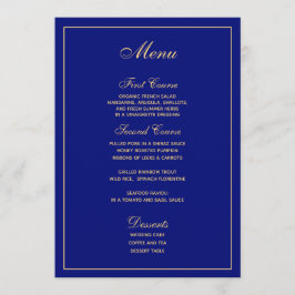 Elegantes Blue Gold Script Wedding Menü Menükarte