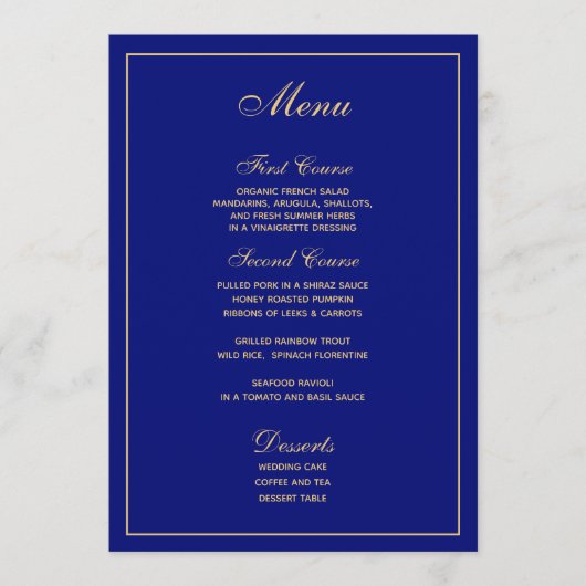 Elegantes Blue Gold Script Wedding Menü Menükarte (Vorderseite)