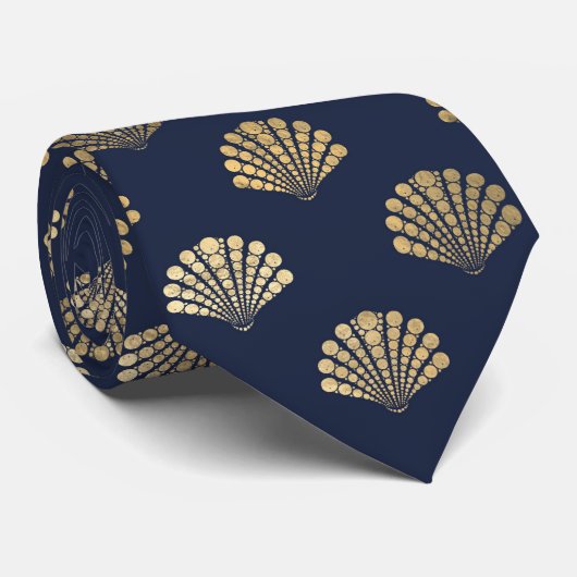 Elegantes Blue Gold Seashell Ocean Muster Männer Krawatte (Gerollt)