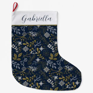Elegantes Blue Gold Silver Botanisches Muster Großer Weihnachtsstrumpf