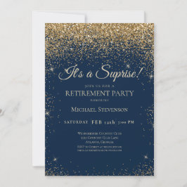 Elegantes Blue Gold Surprise Retirement Party Einladung