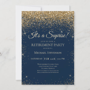 Elegantes Blue Gold Surprise Retirement Party Einladung