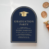 Elegantes Blue Gold Uni-Abschluß Party Einladung