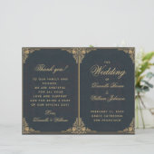 Elegantes Blue Gold Vintag Folded Wedding Programm (Stehend Vorderseite)