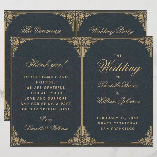 Elegantes Blue Gold Vintag Folded Wedding Programm (Vorne/Hinten)