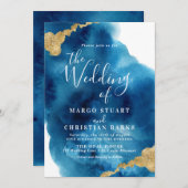 Elegantes Blue & Gold Watercolor Einladung zur Hoc (Vorne/Hinten)