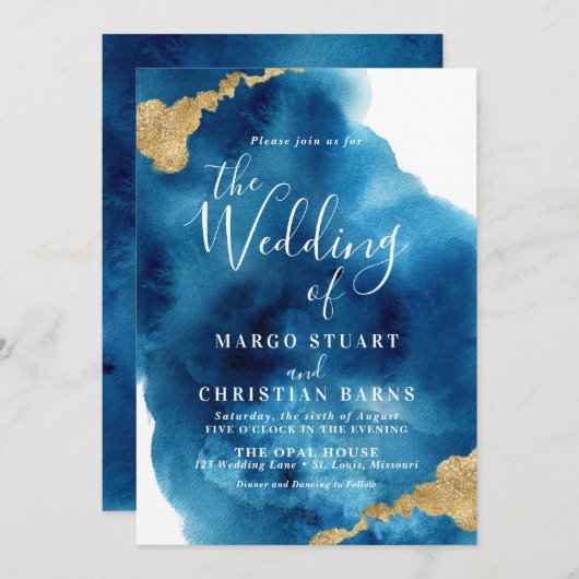 Elegantes Blue & Gold Watercolor Einladung zur Hoc (Vorne/Hinten)