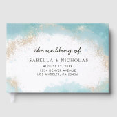Elegantes Blue Gold Watercolor Foto Hochzeit Gästebuch (Vorderseite)