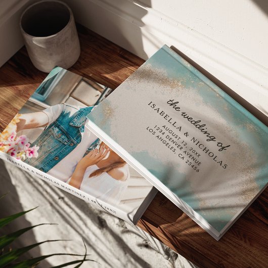 Elegantes Blue Gold Watercolor Foto Hochzeit Gästebuch