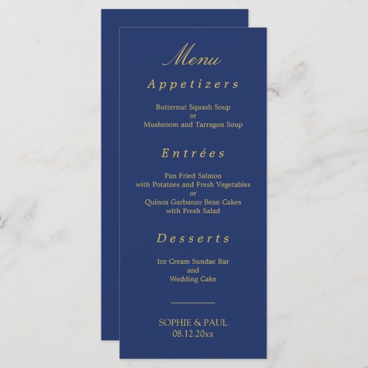 Elegantes Blue Golden Beige Wedding Menu Menükarte (Vorne/Hinten)
