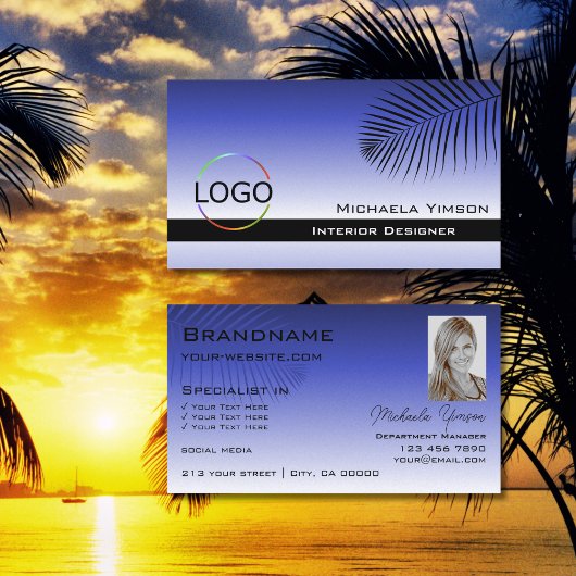 Elegantes Blue Gradient Palm Leaf Logo und Foto Visitenkarte