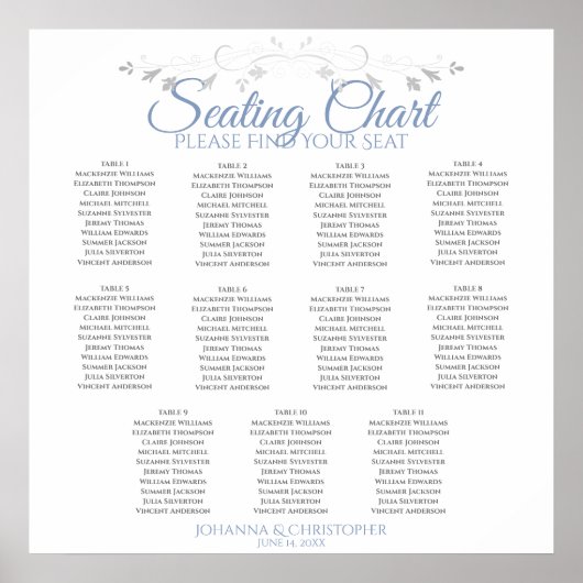 Elegantes Blue & Gray 11 Table Wedding Seating Cha Poster (Vorne)