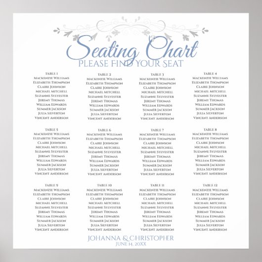 Elegantes Blue & Gray 12 Table Wedding Seating Cha Poster (Vorne)
