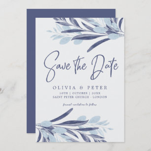 Elegantes Blue Gray Blätter Botanische Hochzeit Save The Date