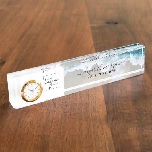 Elegantes Blue Green Beach Custom Script-Logo Namensplakette (Seite)
