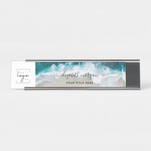 Elegantes Blue Green Beach Custom Script-Logo Schreibtischnamensplakette (Vorderseite )
