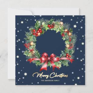 Elegantes Blue Holly Berries Pine Wreath Foto Feiertagskarte