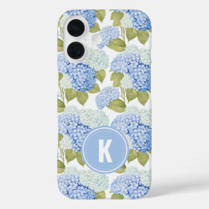Elegantes Blue Hydragea Blume Muster Monogramm iPhone 16 Hülle