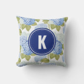 Elegantes Blue Hydragea Blume Muster Monogramm Kissen (Vorderseite)