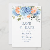 Elegantes Blue Hydrangea Blush Rose Blumenhochzeit Save The Date (Vorderseite)