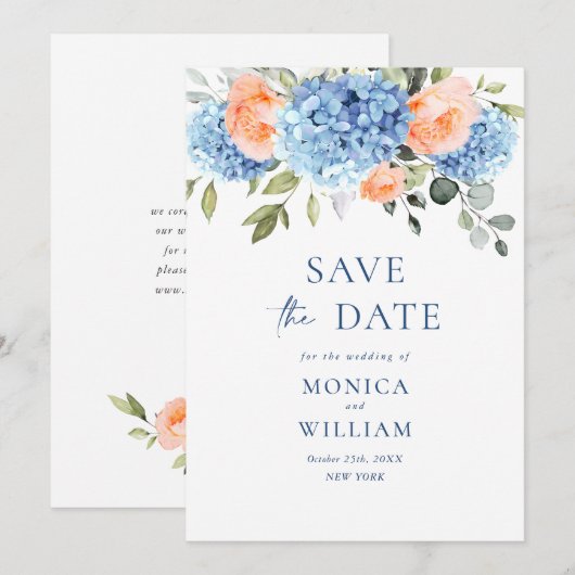 Elegantes Blue Hydrangea Blush Rose Blumenhochzeit Save The Date (Vorne/Hinten)