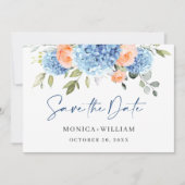 Elegantes Blue Hydrangea Blush Rose Blumenhochzeit Save The Date (Vorderseite)