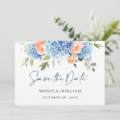 Elegantes Blue Hydrangea Blush Rose Blumenhochzeit Save The Date (Stehend Vorderseite)