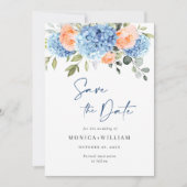 Elegantes Blue Hydrangea Blush Rose Blumenhochzeit Save The Date (Vorderseite)