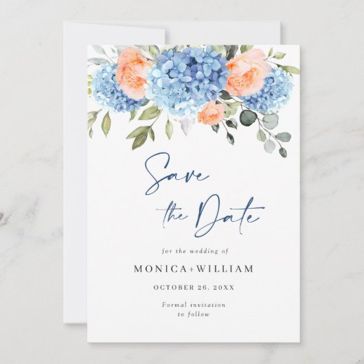 Elegantes Blue Hydrangea Blush Rose Blumenhochzeit Save The Date (Vorderseite)